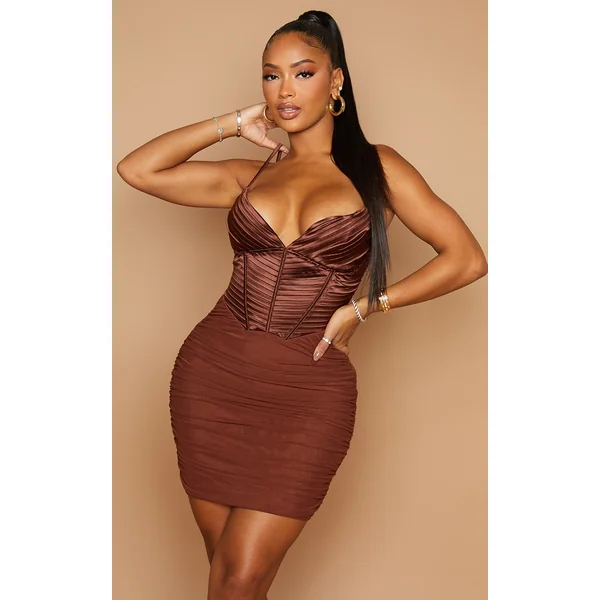 Shape Chocolate Brown Satin Pleat Detail Corset Bodycon Dress