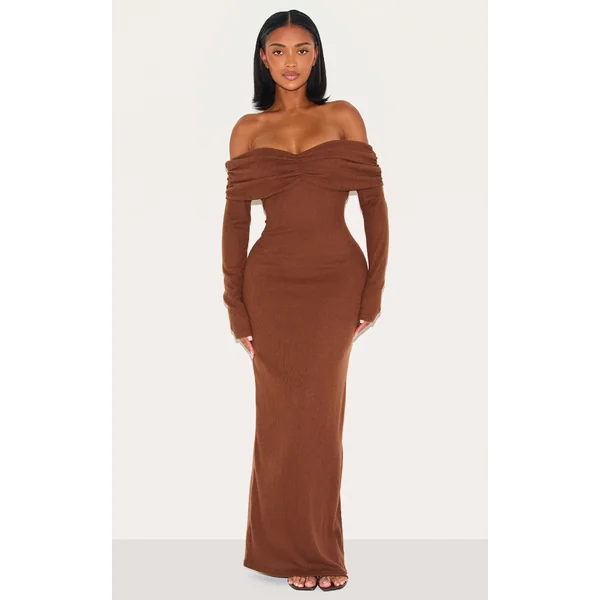 Shape Chocolate Brushed Rib Ruched Fold Over Bardot Maxi Dress