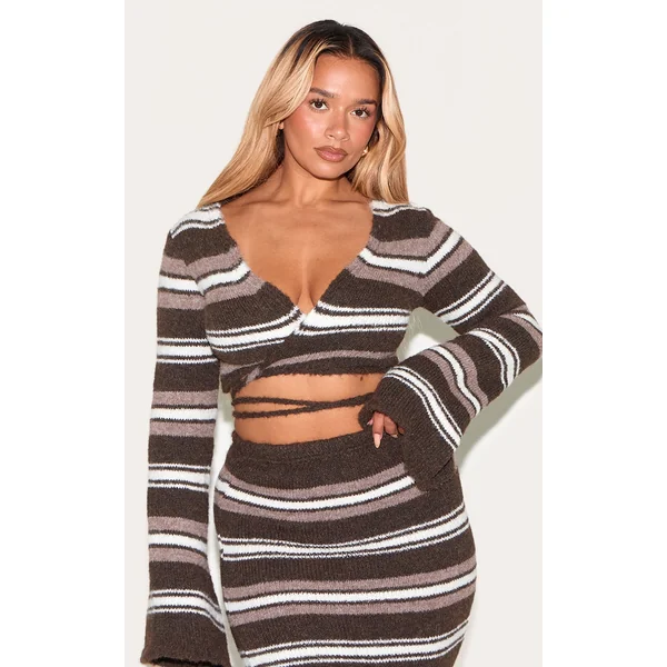 Shape Chocolate Brushed Striped Knit Tie Front Top