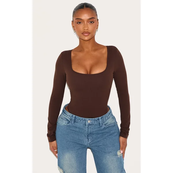 Shape Chocolate Built In Bra Sculpt Square Neck Long Sleeve Bodysuit