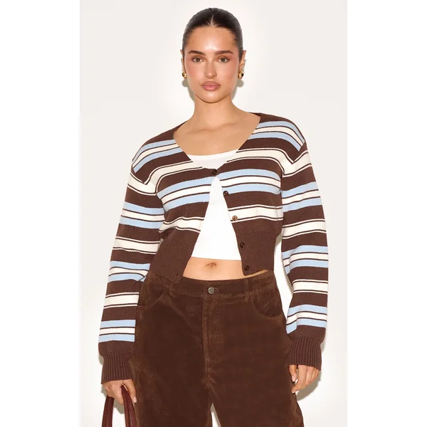 Shape Chocolate Knitted Stripped Button Front Cardigan