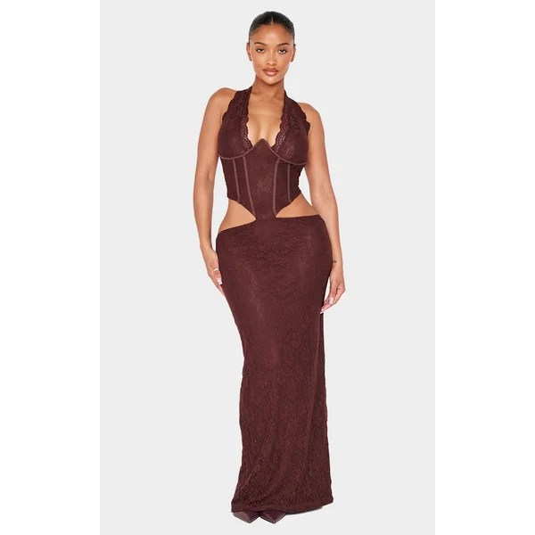 Shape Chocolate Lace Halter Neck Plunge Corset Maxi Dress