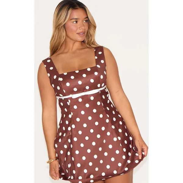 Shape Chocolate Polka Dot Square Neck Bow Detail A-line Mini Dress