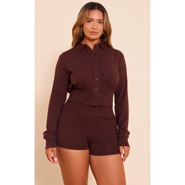 Shape Chocolate Polo Button Front Cinched Waist Cardigan