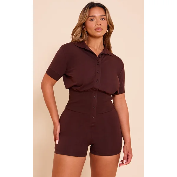 Shape Chocolate Polo Button Front Cinched Waist Romper