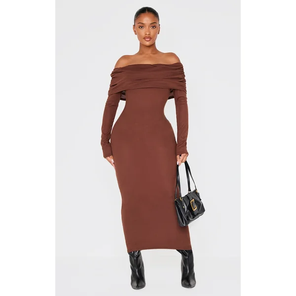 Shape Chocolate Rib Bardot Long Sleeve Maxi Dress