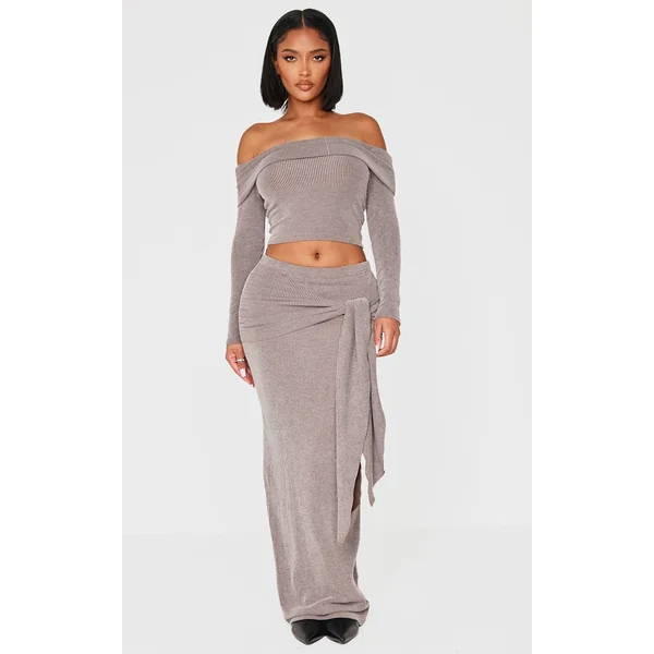 Shape Chocolate Rib Wrap Front Maxi Skirt