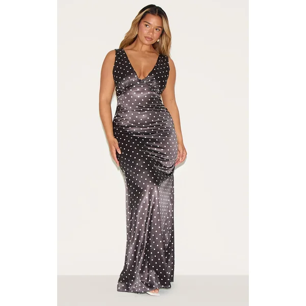 Shape Chocolate Satin Polka Dot Plunge Front Maxi Dress