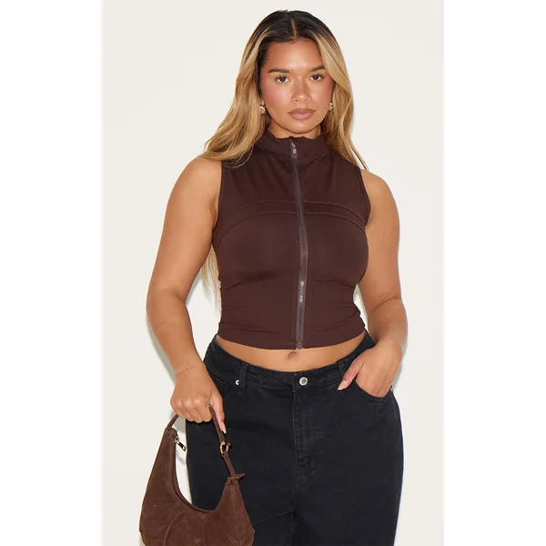 Shape Chocolate Sculpt Active High Neck Zip Front Top