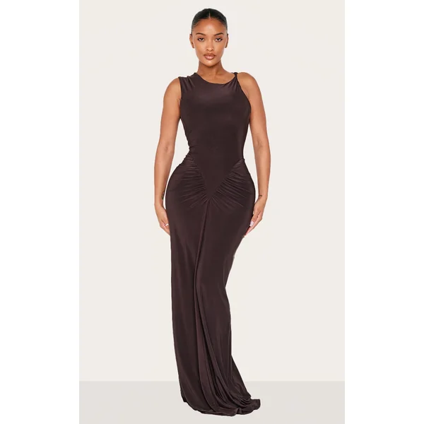 Shape Chocolate Sleeveless Ruched V Waist Maxi Dress