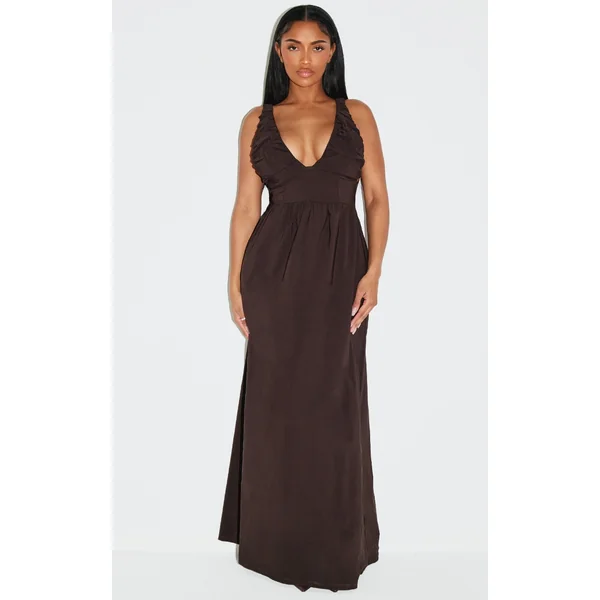 Shape Chocolate Stretch Woven Ruched Plunge Front Maxi Dress