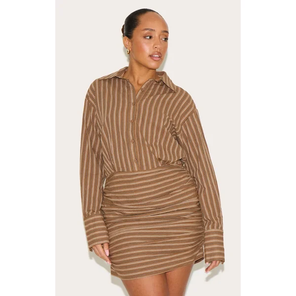 Shape Chocolate Striped Button Front Ruched Hem Shirt Dress