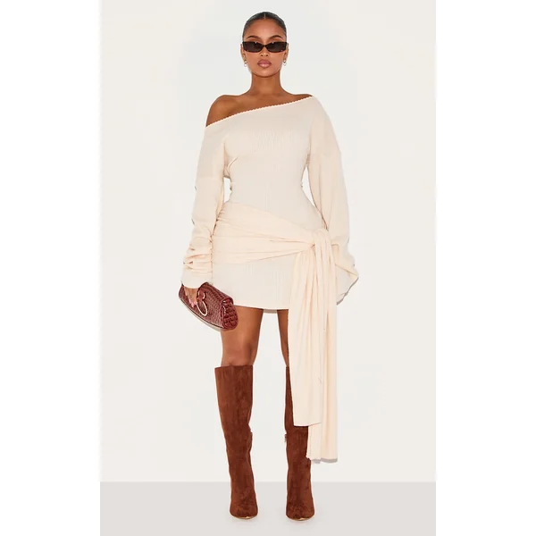Shape Cream Brushed Rib Boat Neck Wrap Waist Mini Dress