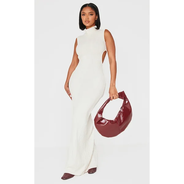 Shape Cream Brushed Rib High Neck Open Back Maxi Dress