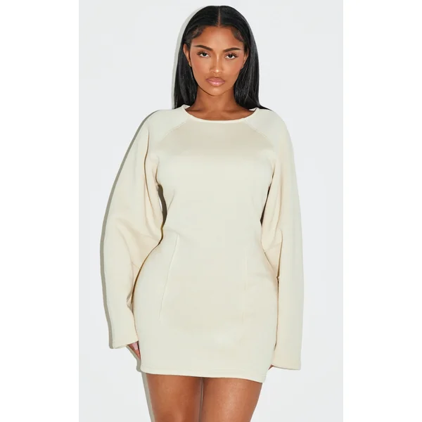 Shape Cream Cinched Waist Cocoon Sleeve Sweatshirt Dress