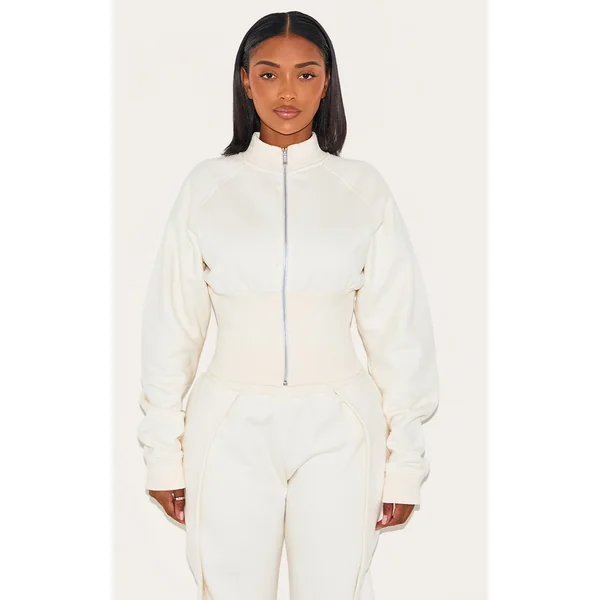 Shape Cream Cinched Waist Cocoon Sleeve Zip Up Jacket