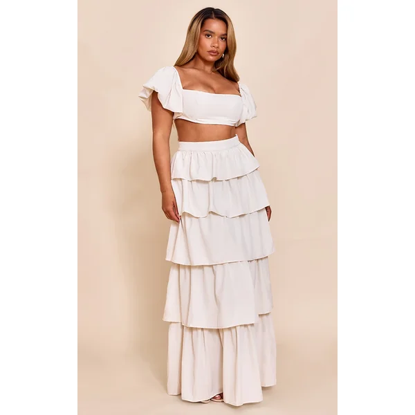 Shape Cream Crinkle Satin Highwaisted Tiered Maxi Skirt