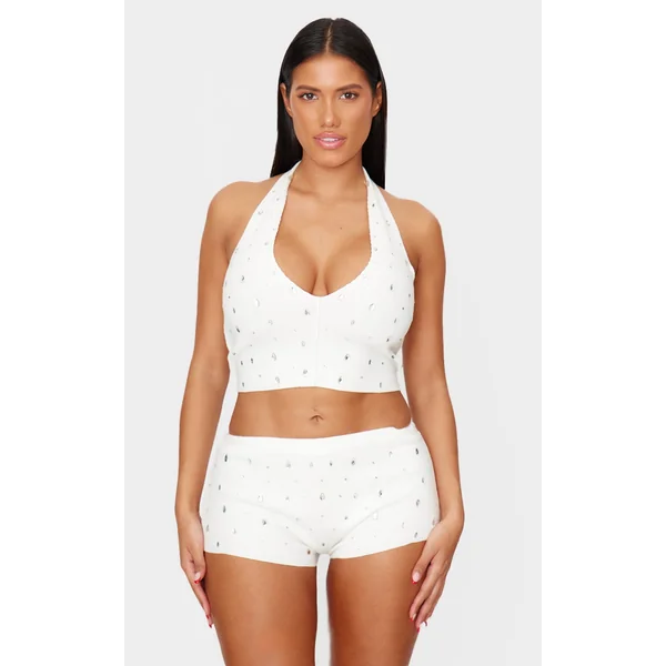 Shape Cream Knitted Diamante Halter Neck Top