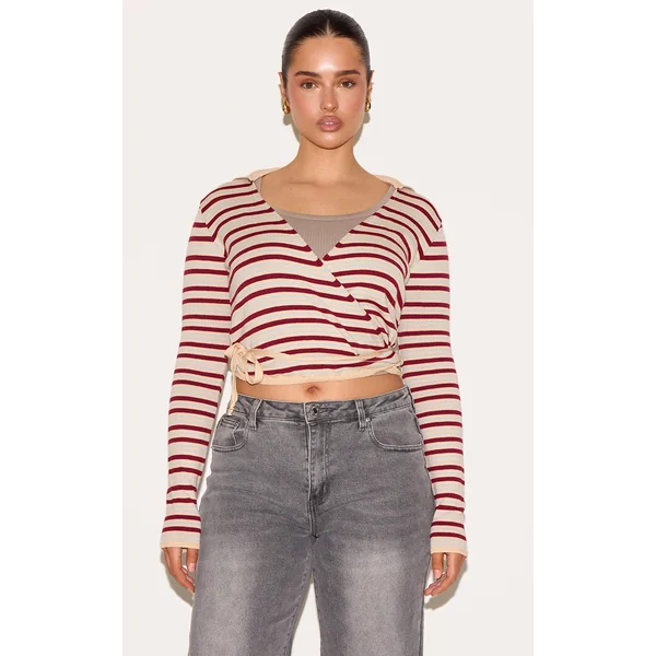 Shape Cream Knitted Striped Tie Waist Collared Sweater