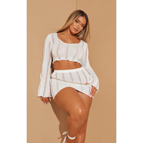 Shape Cream Ladder Detail Knit Flare Sleeve Crop Top