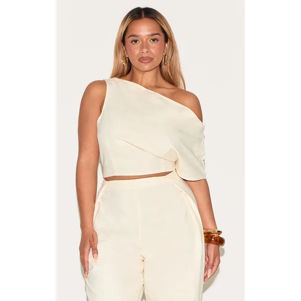 Shape Cream Linen Look Asymetrical Off The Shoulder Top