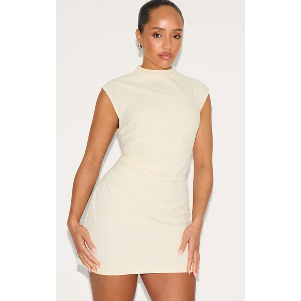 Shape Cream Linen Look Boat Neck Ruched Side Mini Dress