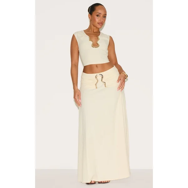 Shape Cream Linen Look Fold Gold Wave Trim Maxi Skirt