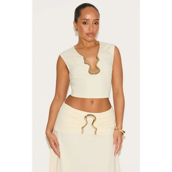 Shape Cream Linen Look Gold Wave Trim Crop Top