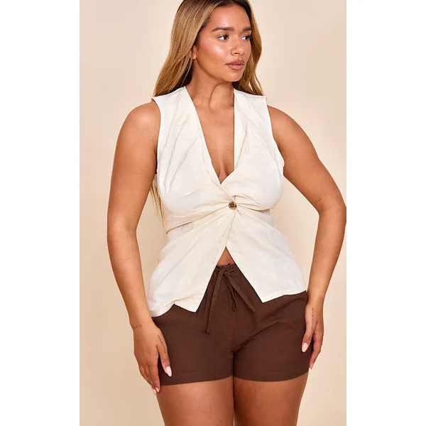 Shape Cream Linen Plunge Front Ruched Gold Hammered Button Vest