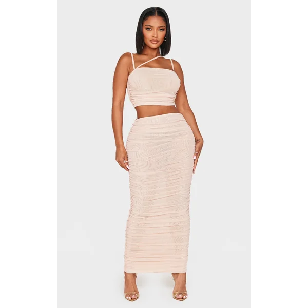 Shape Cream Mesh Low Rise Ruched Maxi Skirt