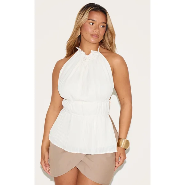 Shape Cream Pleated High Neck Open Back Top