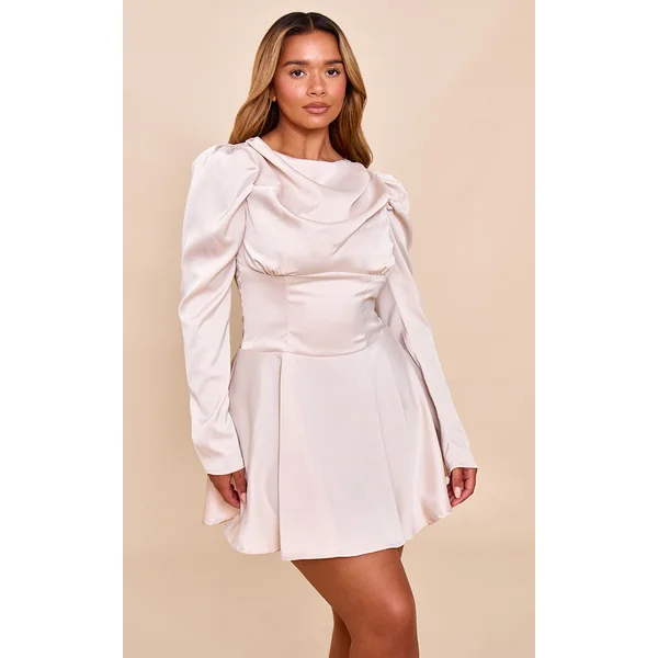 Shape Cream Satin Boat Neck Cinched Waist Skater Mini Dress