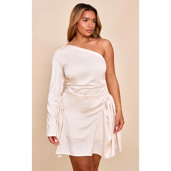 Shape Cream Satin Ruched One Shoulder Skater Mini Dress