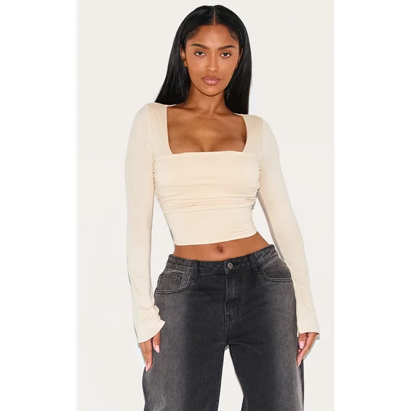 Shape Cream Super Soft Scoop Neck Ruched Bust Long Sleeve Top