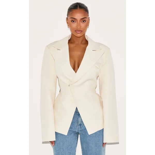 Shape Cream Tailored Asymmetrical Cross Over Adjustable Waist Blazer