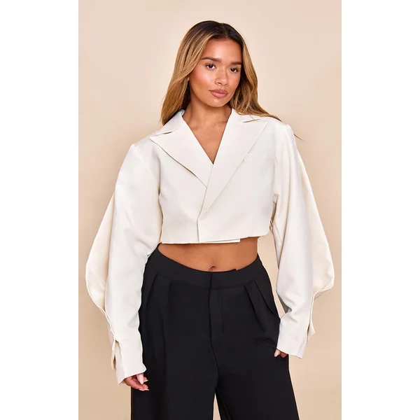 Shape Cream Tailored Pleated Sleeve Adjustable Waist Cropped Blazer