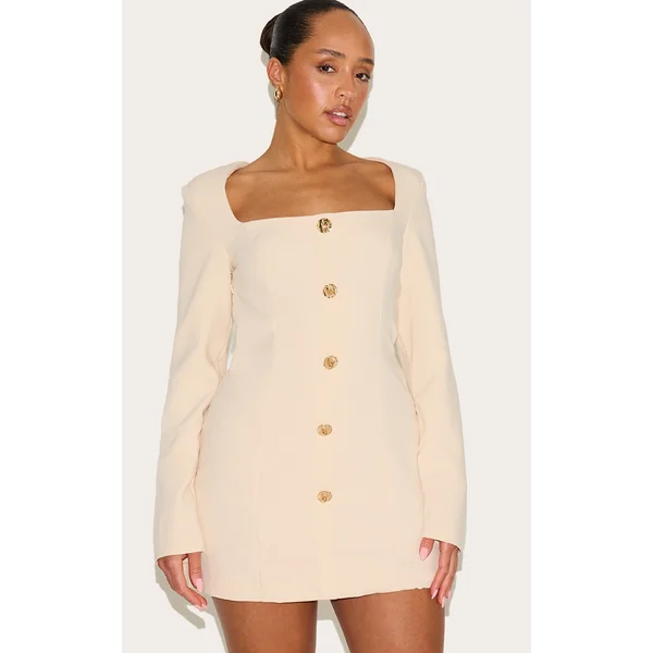 Shape Cream Tailored Square Neck Hammered Button Mini Dress