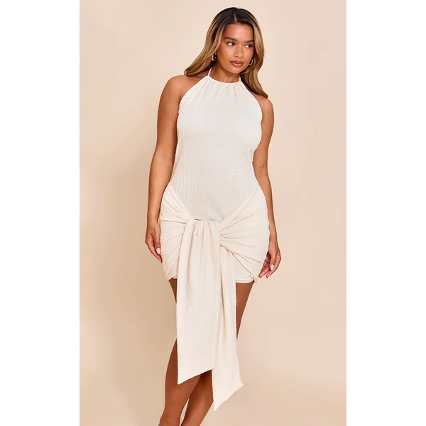 Shape Cream Textured Halterneck Wrap Front Mini Dress