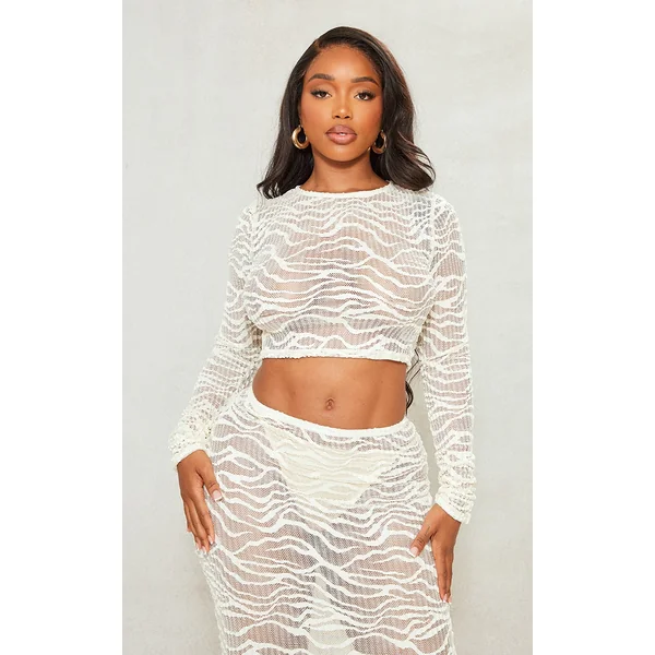 Shape Cream Textured Long Sleeve Crop Top