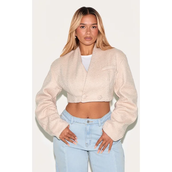 Shape Cream Wool Look Wrap Over Cocoon Sleeve Cropped Jacket