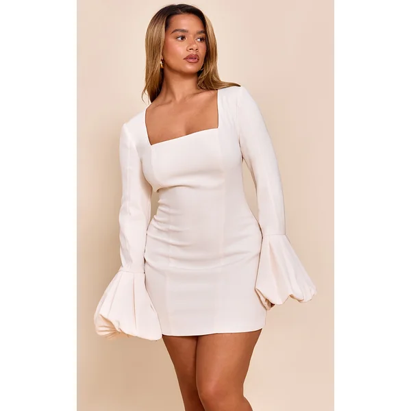 Shape Cream Woven Square Neck Puffball Sleeve Mini Dress