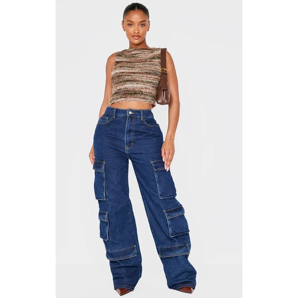 Shape Dark Indigo Wash Cargo Pocket Wide Leg Jeans