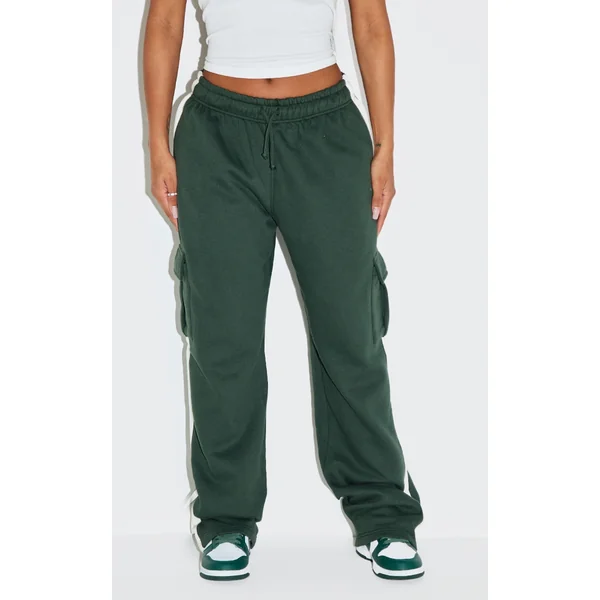 Shape Forest Green High Waisted Side Stripe Cargo Wide Leg Sweatpants