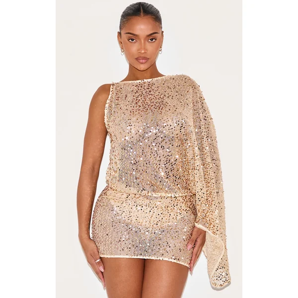 Shape Gold Semi Sheer Sequin One Shoulder Batwing Sleeve Mini Dress