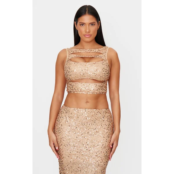 Shape Gold Sequin Cut Out Twist Front Top