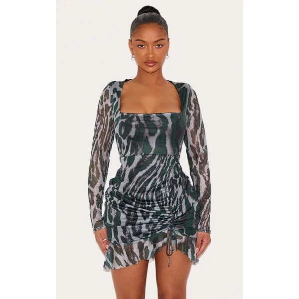 Shape Green Abstract Print Mesh Long Sleeve Ruched Side Frill Hem Bodycon Dress