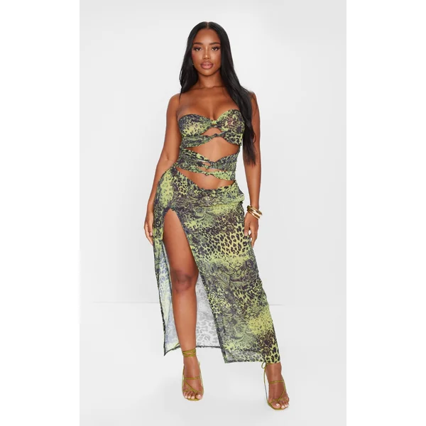 Shape Green Chiffon Leopard Printed Bandeau Cut Out Split Maxi Dress