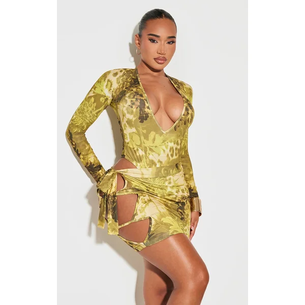 Shape Green Floral Animal Printed Slinky Cut Out Tie Detail Mini Skirt