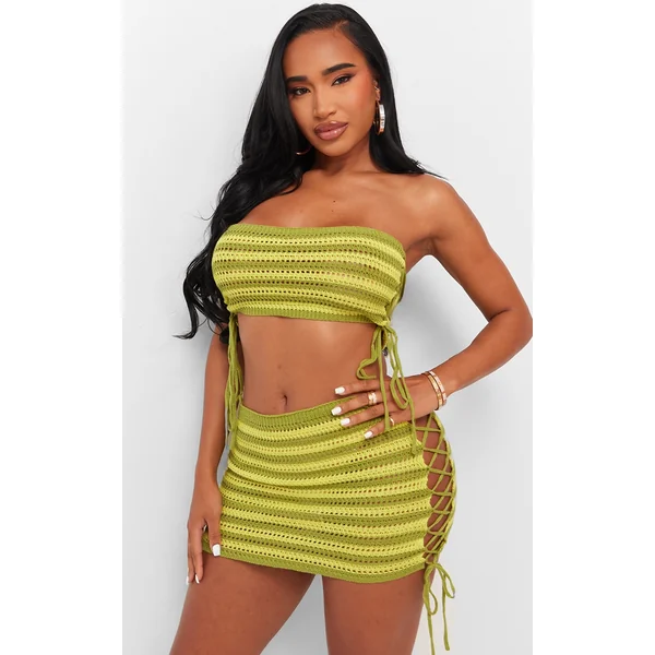 Shape Green Knit Contrast Lace Up Bandeau