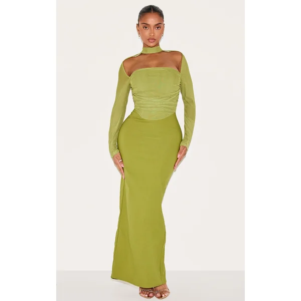 Shape Green Mesh Long Sleeve Ruched Corset Maxi Dress
